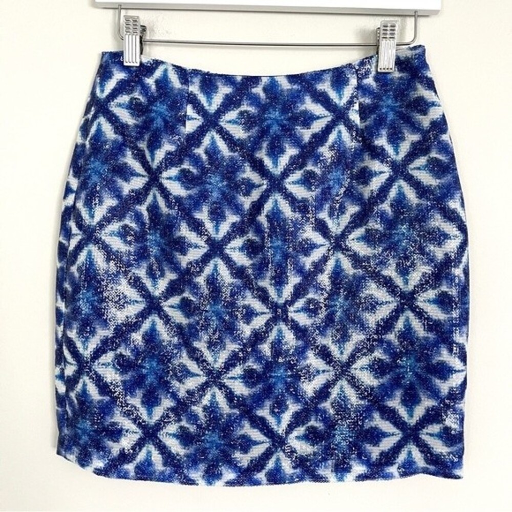Anthropologie Cluny Reactive Shimmer Blue Tile Pattern Sequin Skirt, Size 2 NWOT